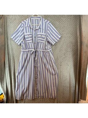 MPH Collection Shirt Dress Womens 2X White Navy Blue Striped Short Sleeve Belt